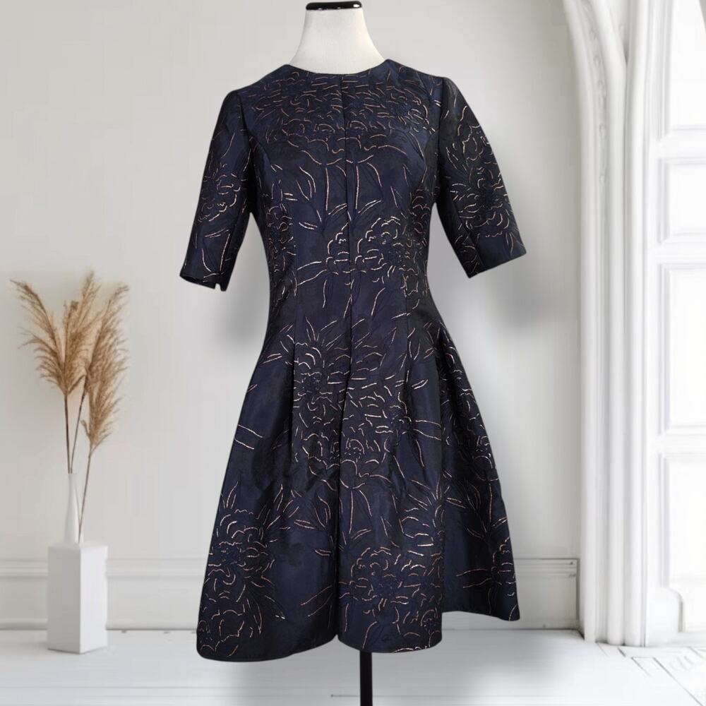 Teri Jon Rickie Freeman Dress 6 Navy Metallic Floral Jacquard Fit Flare Cocktail